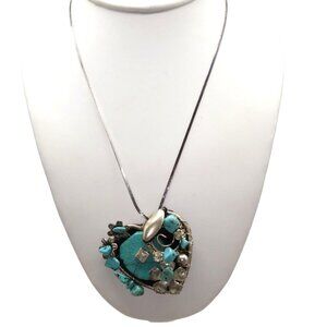 Unique Dyed Howlite Pendant Necklace, Silver Tone Assemblage of Turquoise Color